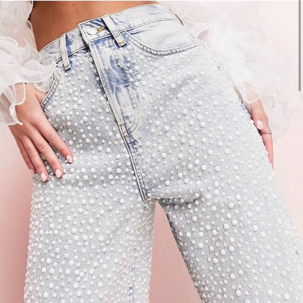 ASOS Denim luxe all over pearl embellished wide leg Jean